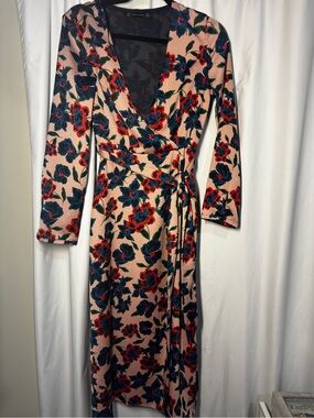 Floral Wrap Dress in Blush with Navy & Red Print-Fall, Elegant, Wedding guest.